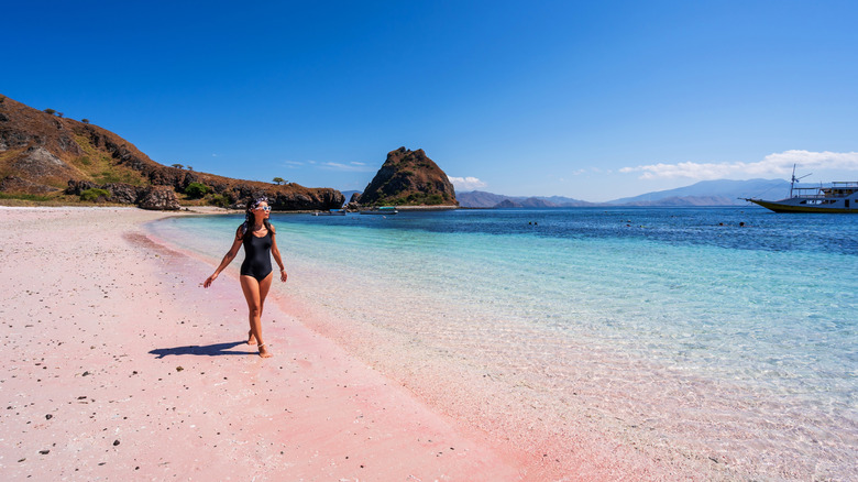 woman walking on pink beach