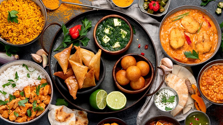 A variety of Indian dishes.