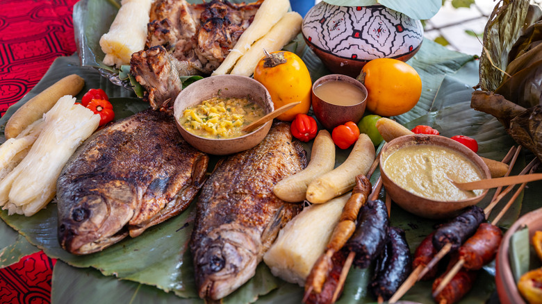 Traditional Peruvian food served on banana leaves