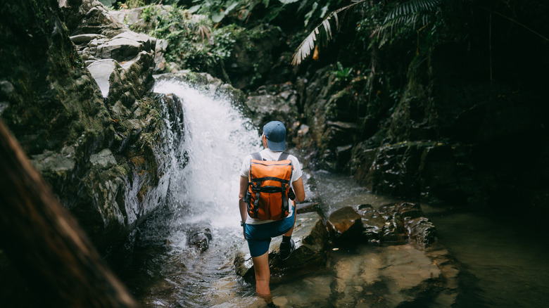 Man hiking to waterfall on Okinawa Main Island