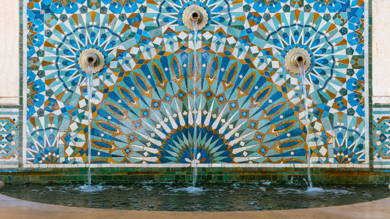 Blue-green Zellij fountain at Hassan II mosque