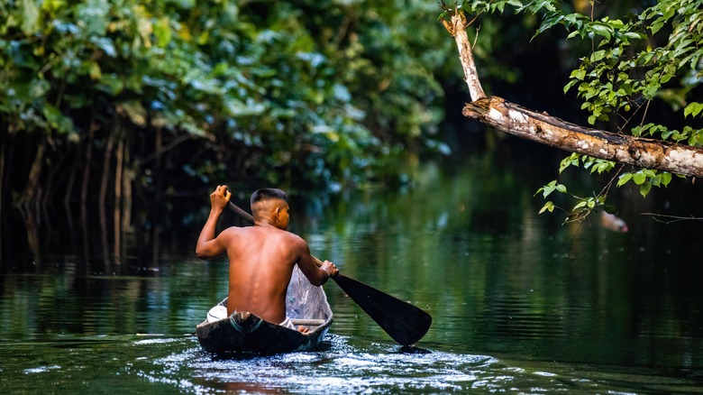 Paddling in a small boat in the Amazon