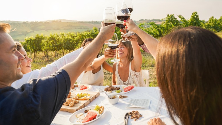 Friends cheering on a Tuscan farm