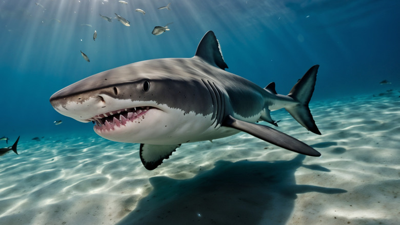 A Great White shark swimming at the bottom of the sea.