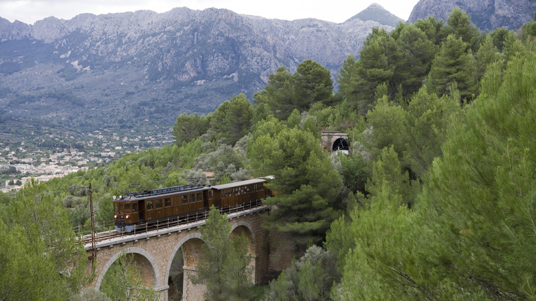 Train crossing a bridge in Mallorca