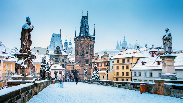 Charles Bridge in Prague in the snow