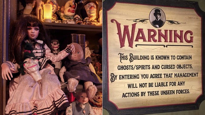 Dolls and a sign at Zak Bagans' Haunted Museum in Las Vegas.