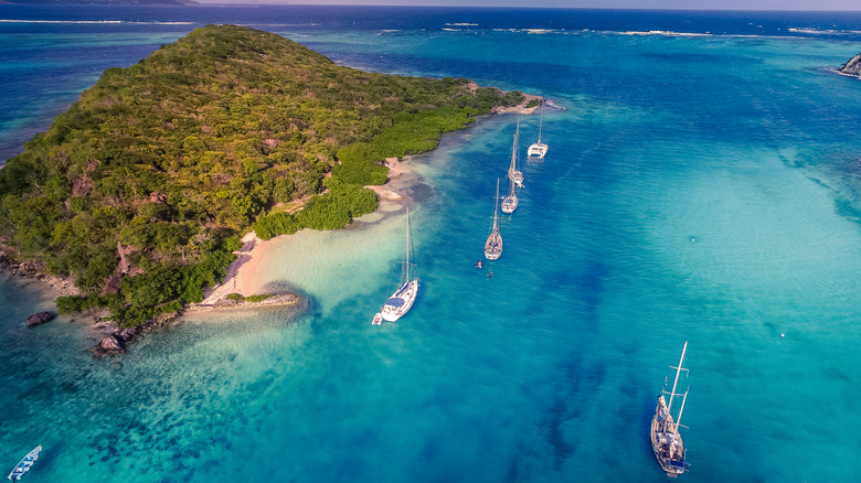 Boats anchored in Tobago Cays