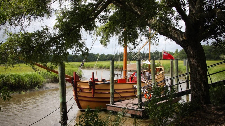 A boat seen through trees