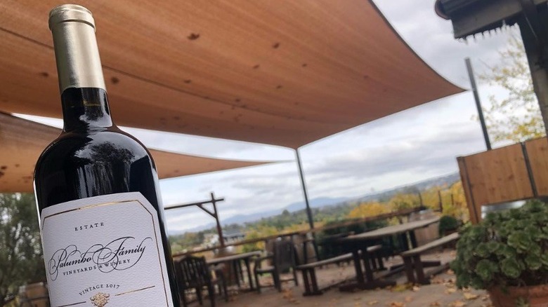 Bottle of Palumbo wine with vineyard in background