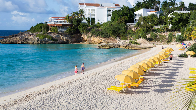 yellow umbrellas on Sandy Island