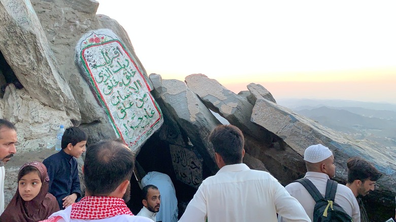 People swarming around the entrance of the Cave of Hira in Jabal Al Noor, Saudi Arabia.