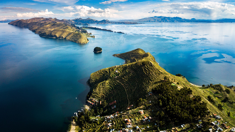 Lake Titicaca in Bolivia against a blue sky.