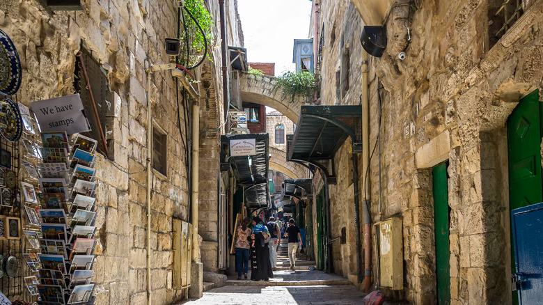 The narrow streets of Via Dolorosa, in the Holy City of Jerusalem, Israel.