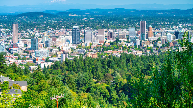 aerial view of Portland, Oregon and surrounding forests