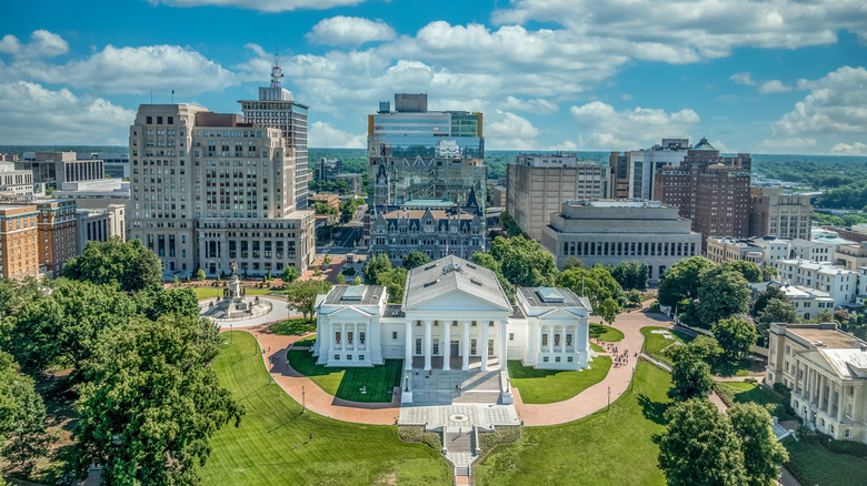 An aerial view of Richmond and Virginia state capitol building