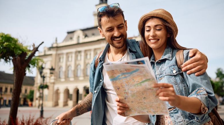 Couple exploring European town