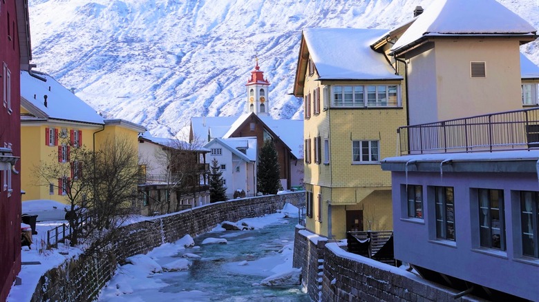 Icy river running through  Andermatt, Switzerland