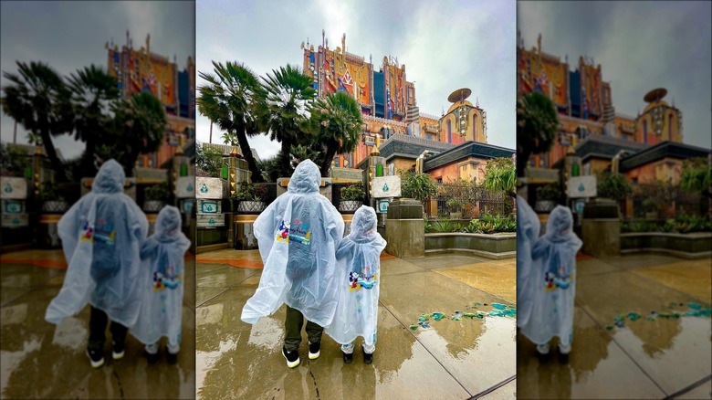 Guests wearing ponchos in rain at Epcot