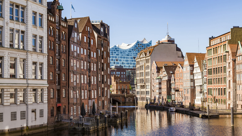 Brick buildings bordering canals in Hamburg