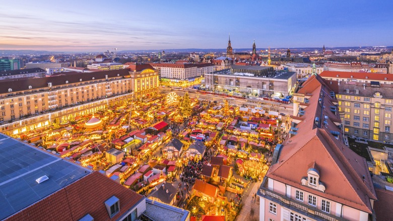 An aerial view of the Dresdner Striezelmarkt in the east German city of Dresden in the evening