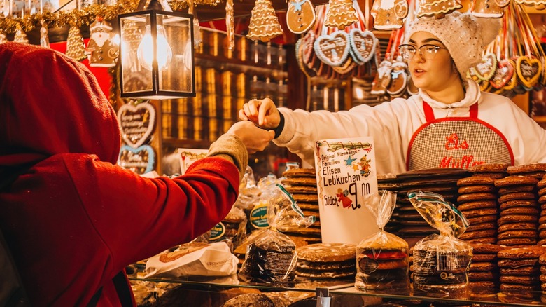 A vendor selling lebkuchen at the Nürnberger Christkindlesmarkt in the Bavarian city of Nuremburg in southern Germany