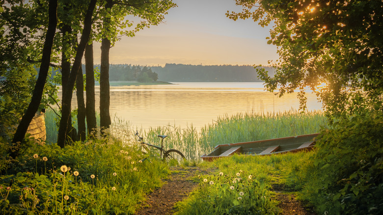 Bicycle and kayak by lake in Finland