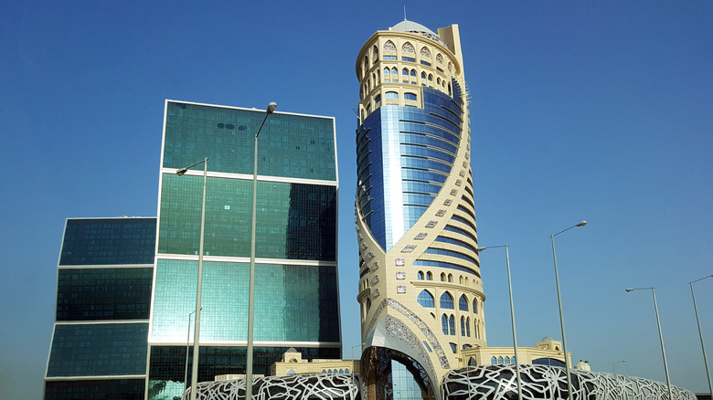 Looking up at the tower of the Mondrian Doha