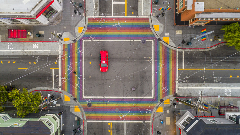 An overview of the Castro District with rainbow crosswalks