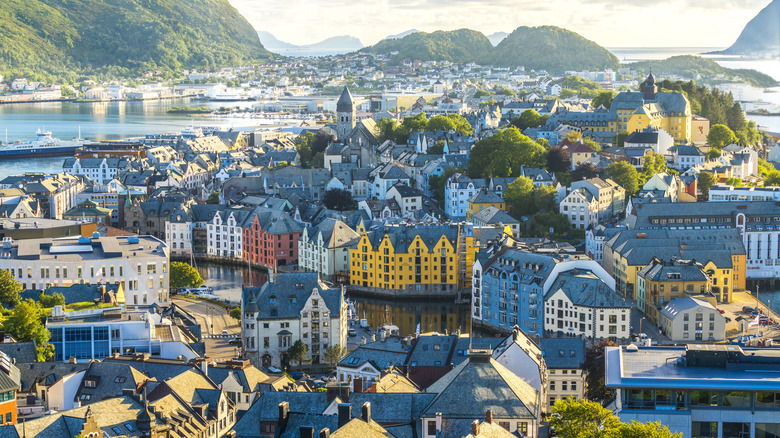 A view of the Brosundet Canal and architecture in the city center of Alesund, Norway