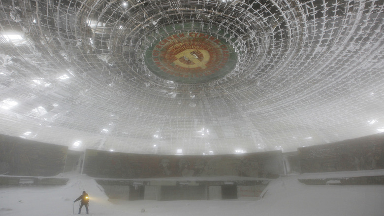 Snow covered interior of the Buzludzha Monument in Bulgaria