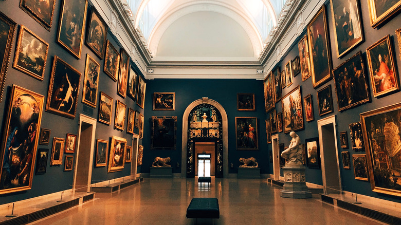 Interior view of paintings in the Morgan Great Hall at Wadsworth Atheneum