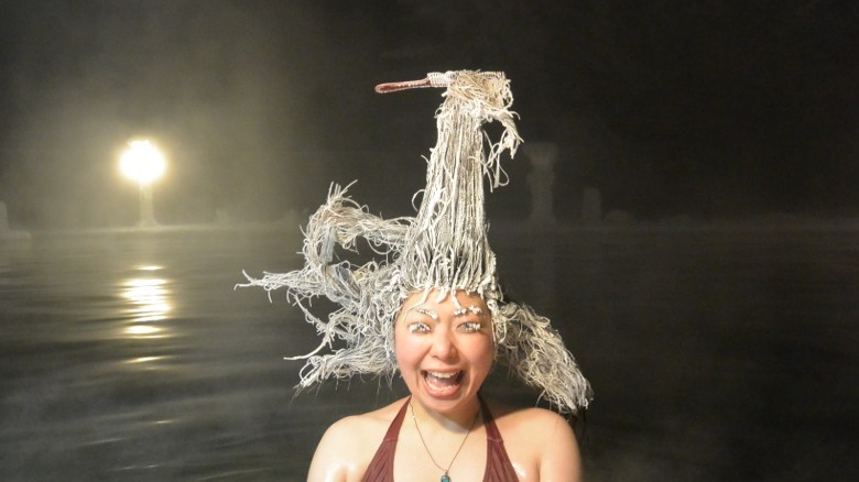 Photo of woman in hot springs with frozen hair