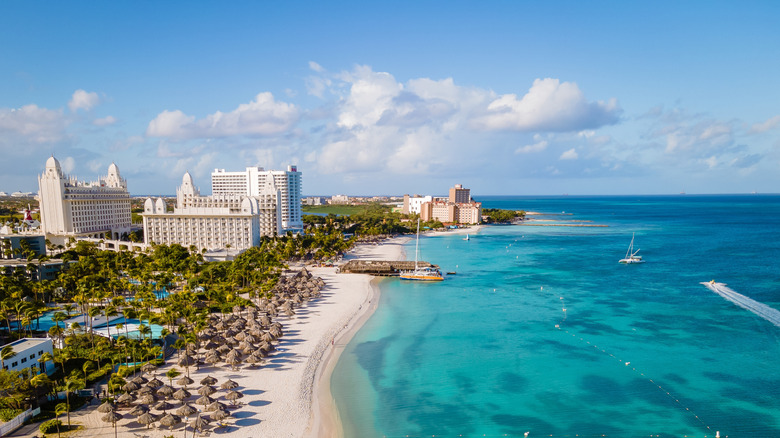 Aerial view of Palm Beach Aruba lined by hotels and palapas