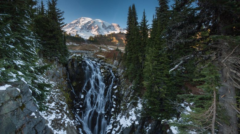 Myrtle Falls in Washington with Mount Rainier in the background