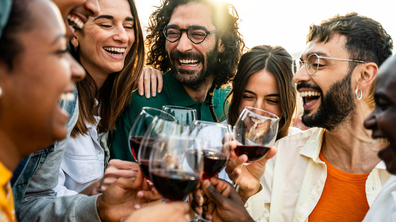 A diverse group of friends toasting at a winery