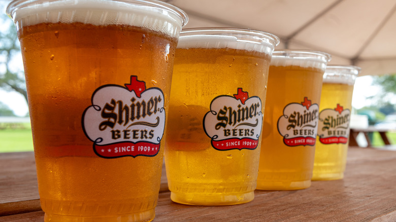 Beers lined up at Spoetzl Brewery in Shiner, Texas