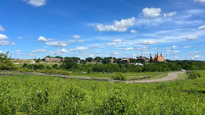 Blue skies over a scenic walking trail in Latrobe, Pennsylvania