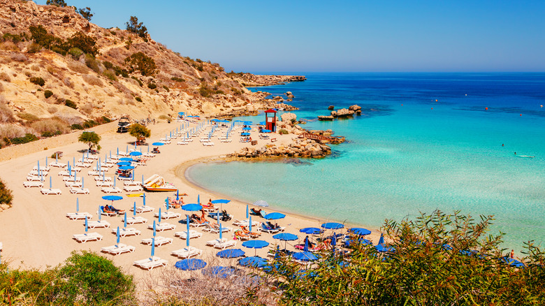 Stunning view of Ayia Napa Cava Greco in Cyprus with beach umbrellas