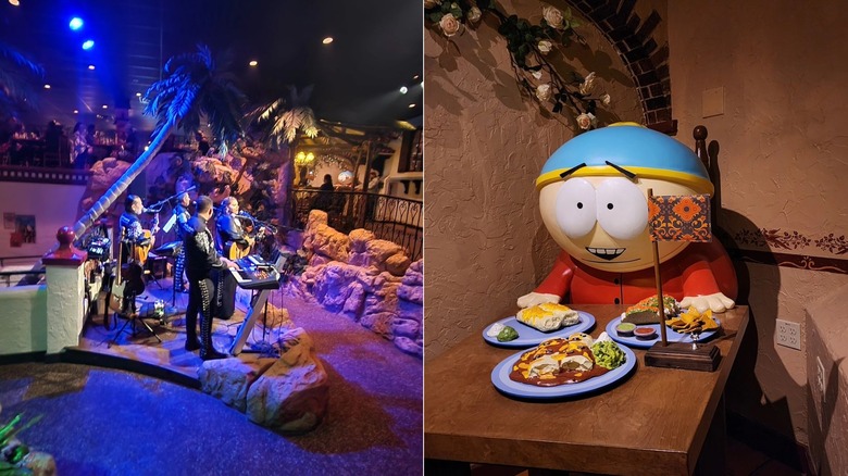 Split photos of a band performing at Casa Bonita and a large Cartman statute at a dining room table