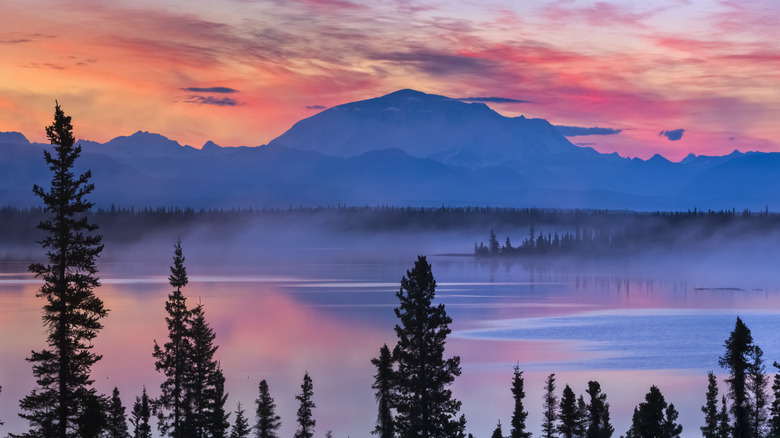 Lake and mountains at sunset