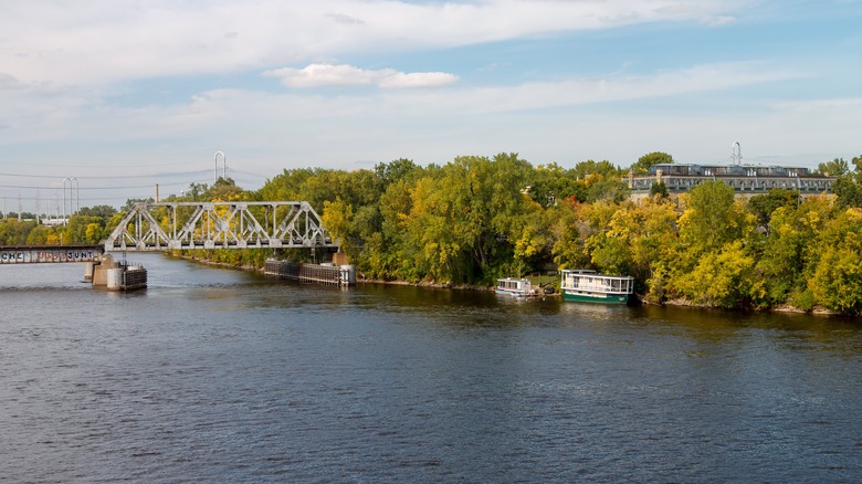 View of rail bridge connecting to Nicollet Island in Minneapolis