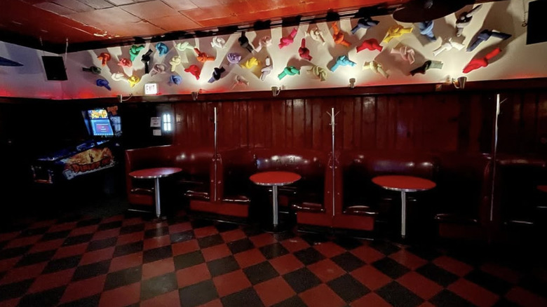 Classic red and black interior of the Rainbo Club bar