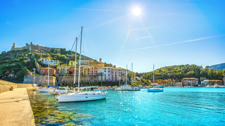 Porto Ercole harbor, including boats and colorful buildings, in sunlight