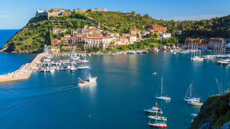 The lagoon at Porto Ercole with numerous boats on a clear day