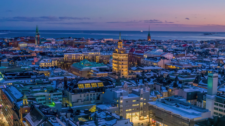 Aerial view of Helsinki at night