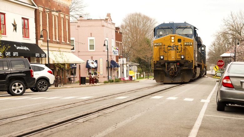 Downtown La Grange with its train tracks and train