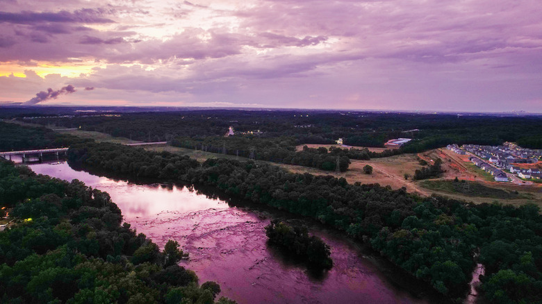 A purple-tinted river and forest landscape at dusk in York, South Carolina