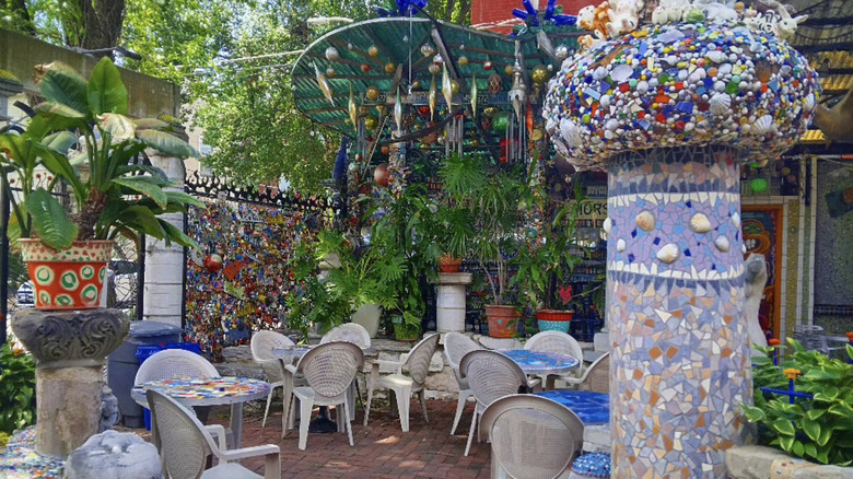 The colorful, mosaic-filled patio at the Venice Cafe