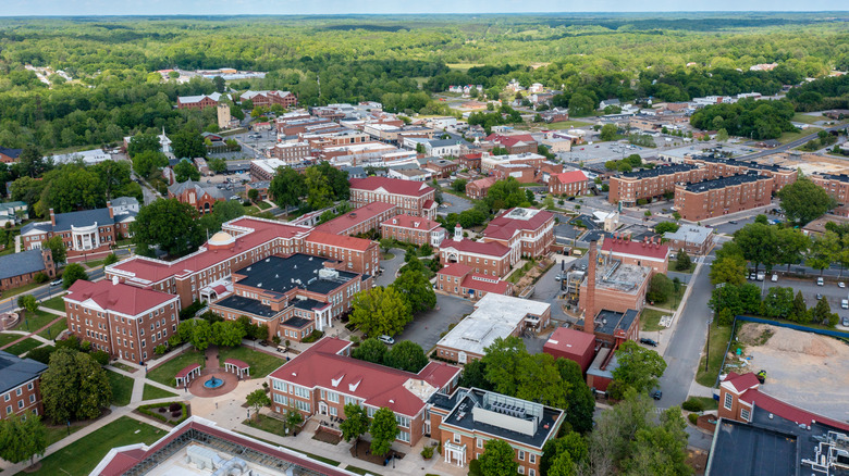 An aerial view of Farmville and Longwood University in Virginia